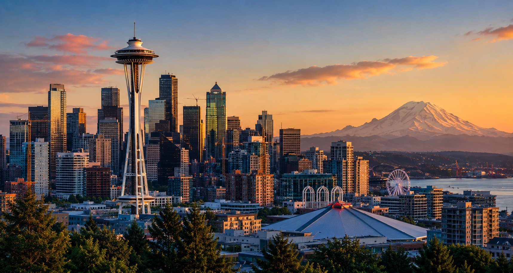 Seattle skyline at sunset with the Space Needle and Mount Rainier